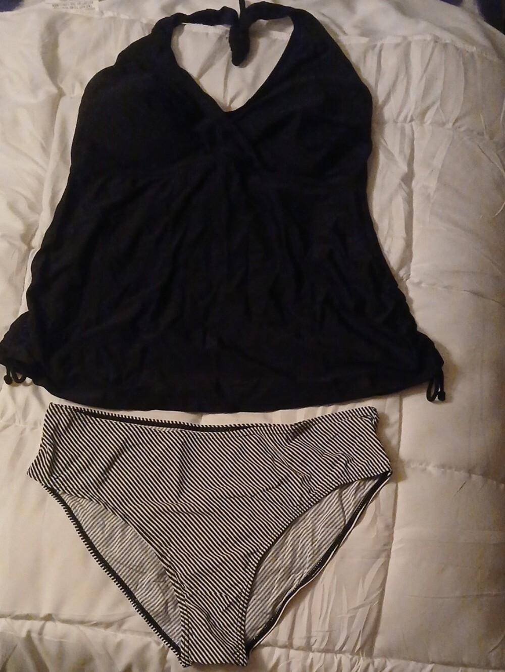 Coastal Rose Black Halter Tankini Top with Black & White Stripe Bikini Bottom